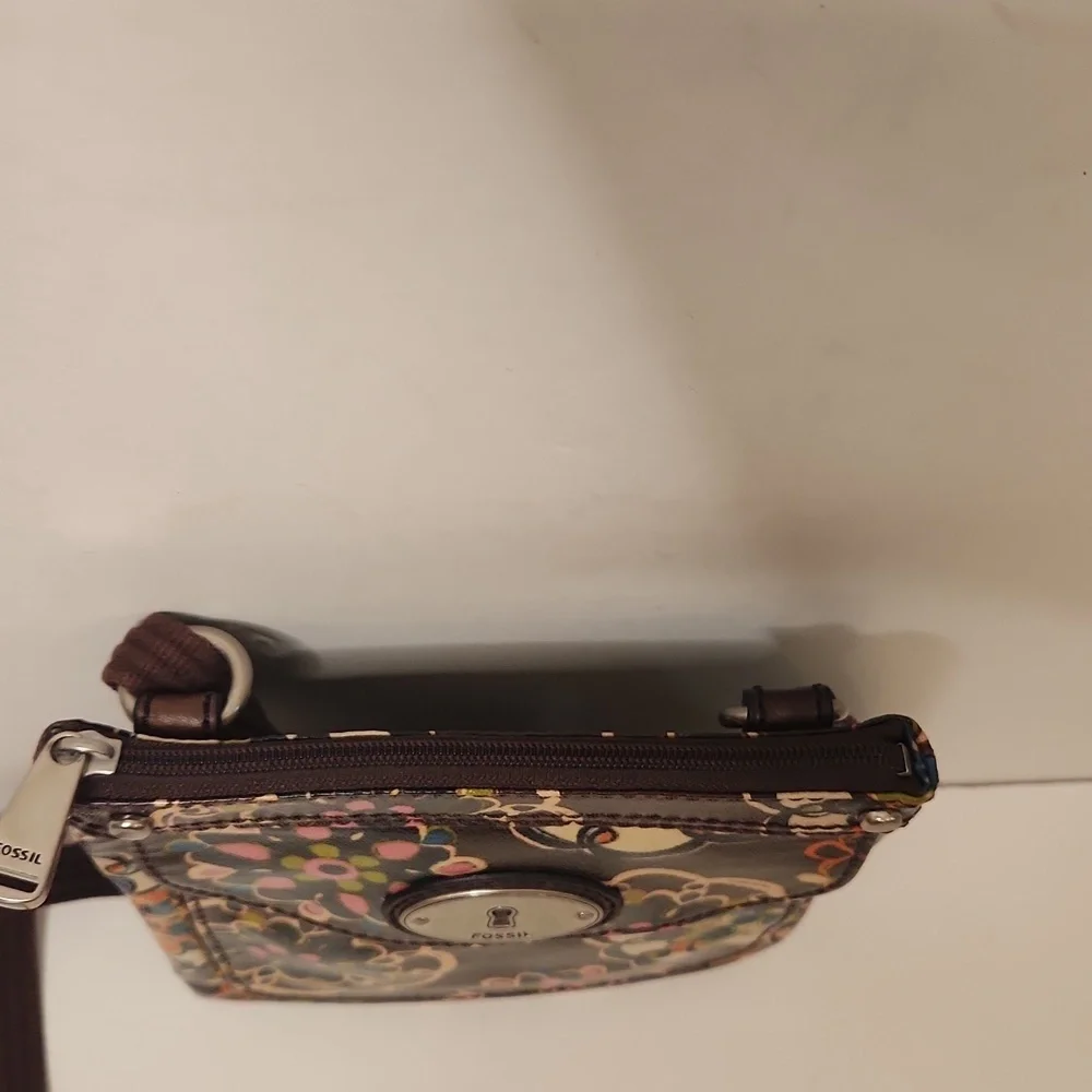 Fossil Women's Key-Per Boho Hippie Dark Brown Floral Canvas Strap Crossbody Bag